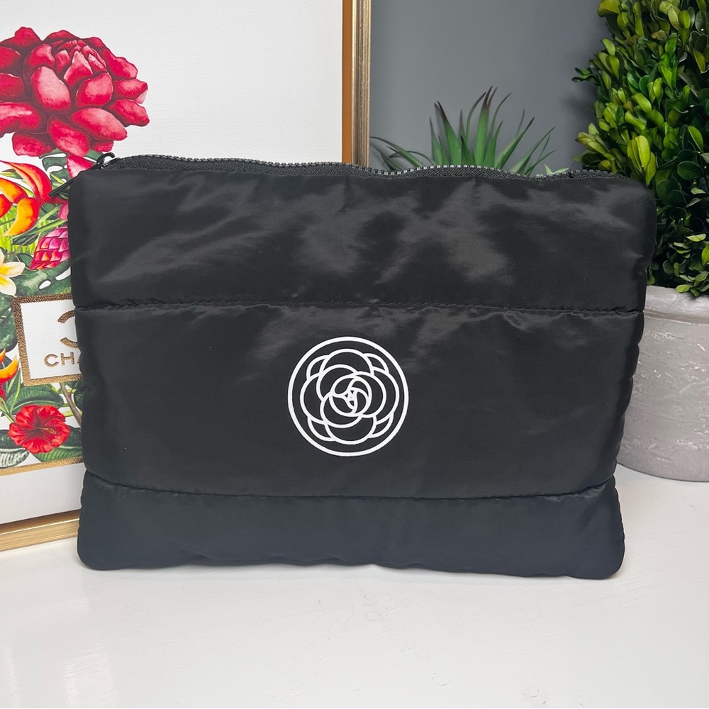 Black Quilted Makeup Bag Travel Cosmetic Pouch, Minimalist Beauty Organizer